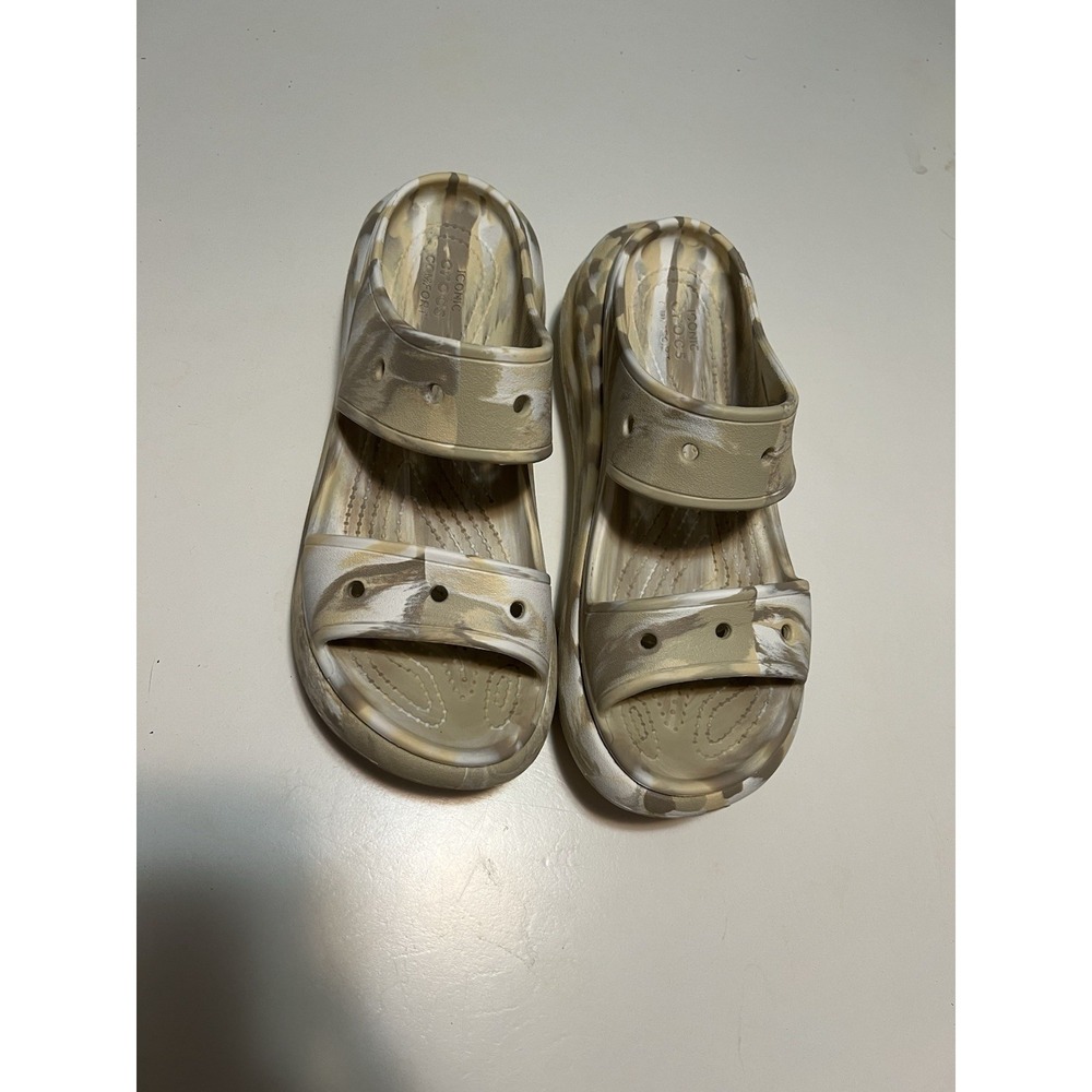 Crocs Women's Marbled Slide Sandals Beige/White/Gray Slip-On Rubber Logo - Picture 2 of 3